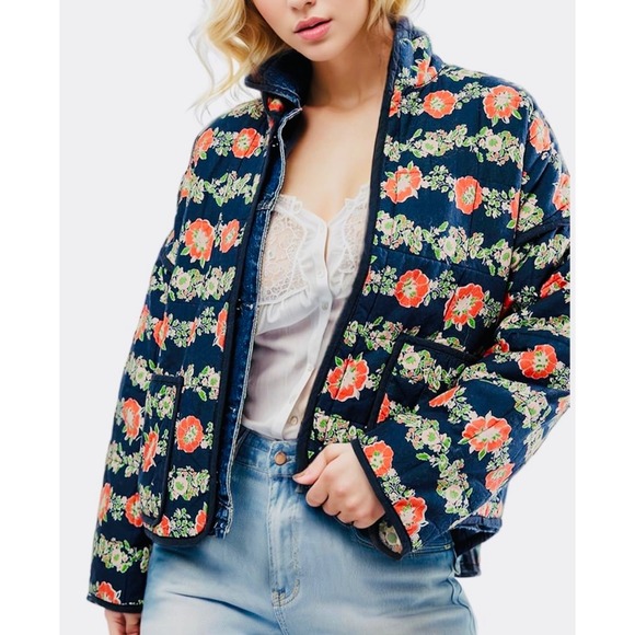 Jackets & Blazers - NEW Navy Floral Print Quilted Jacket Lightweight Coat Spring Fall Women XL